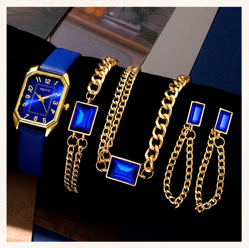 The Royal Blue Collection: Elegant Jewelry & Watch Set for Women
