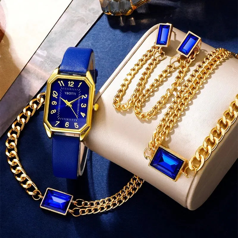 The Royal Blue Collection: Elegant Jewelry & Watch Set for Women