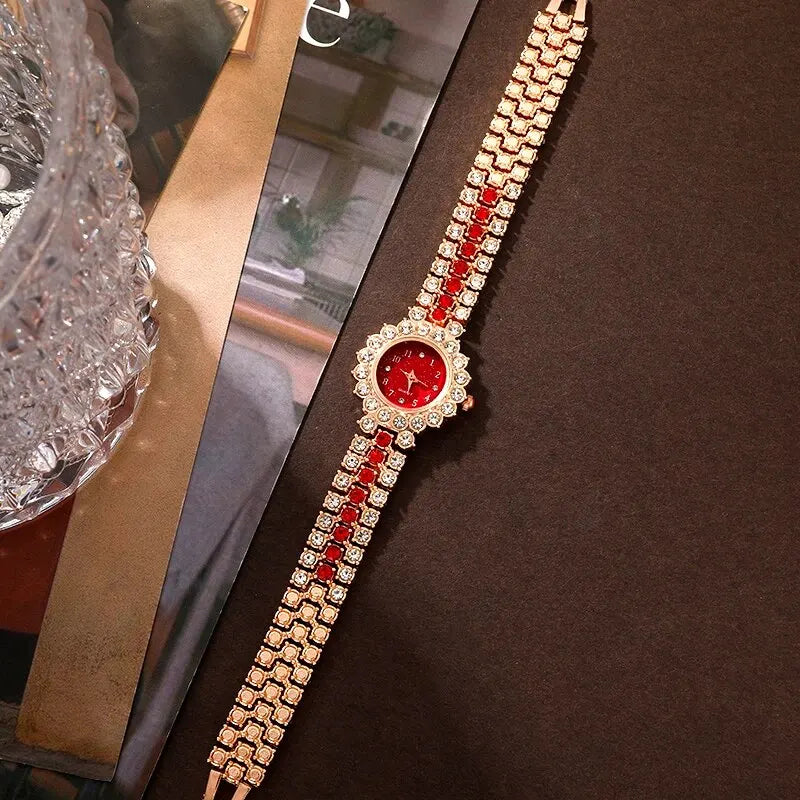 Scarlet Glam Collection: 6-Piece Red Crystal Jewelry & Watch Set