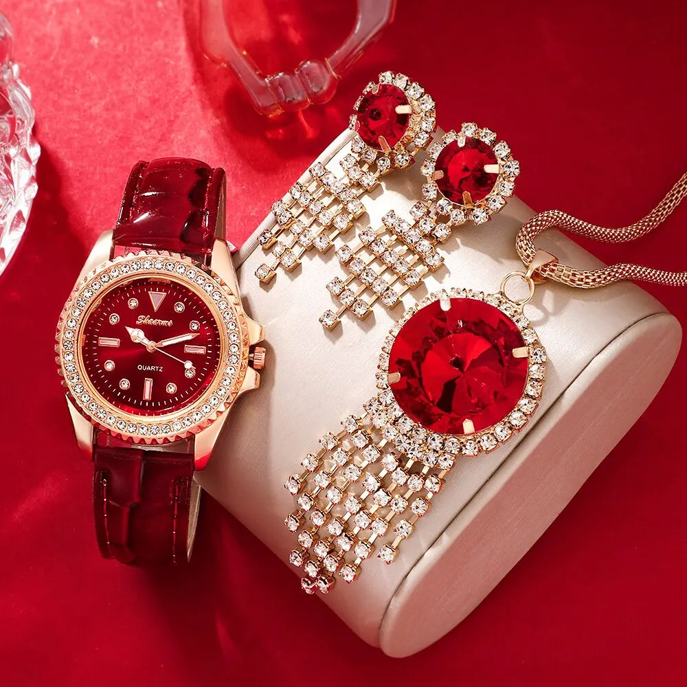 4-Piece Luxury Quartz Watch & Jewelry Set "Lady In Red" - LoveInTheBox