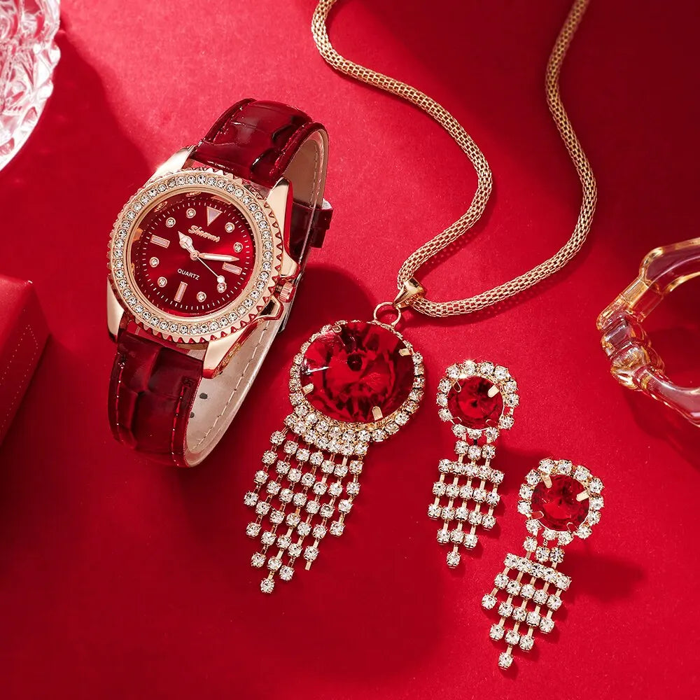 4-Piece Luxury Quartz Watch & Jewelry Set "Lady In Red" - LoveInTheBox