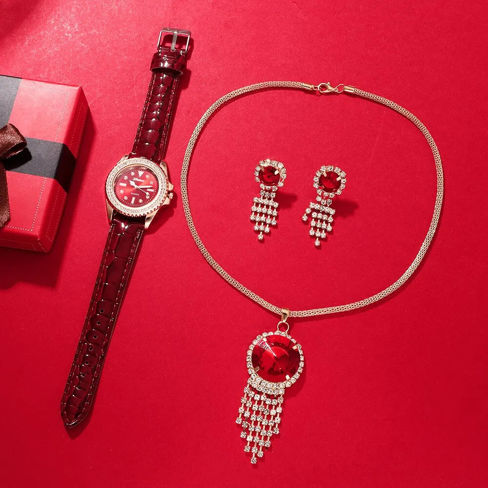 4-Piece Luxury Quartz Watch & Jewelry Set "Lady In Red" - LoveInTheBox