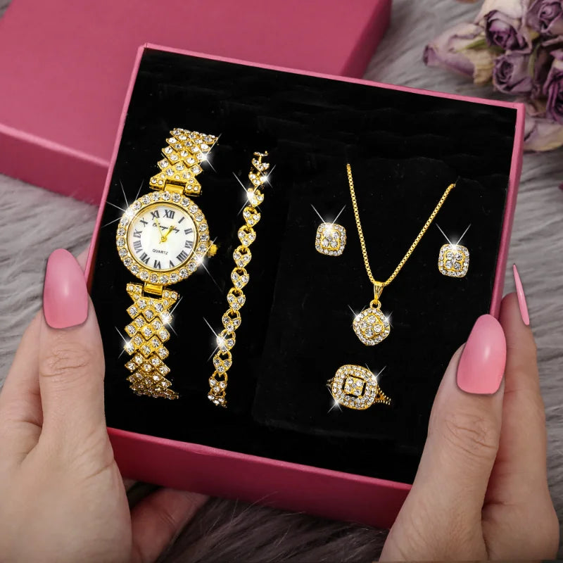 5-Piece Crystal Luxury Watch & Jewelry Set for Women without presentation box - LoveInTheBox