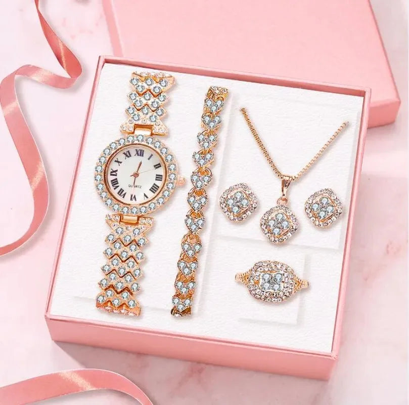 5-Piece Crystal Luxury Watch & Jewelry Set for Women without presentation box - LoveInTheBox