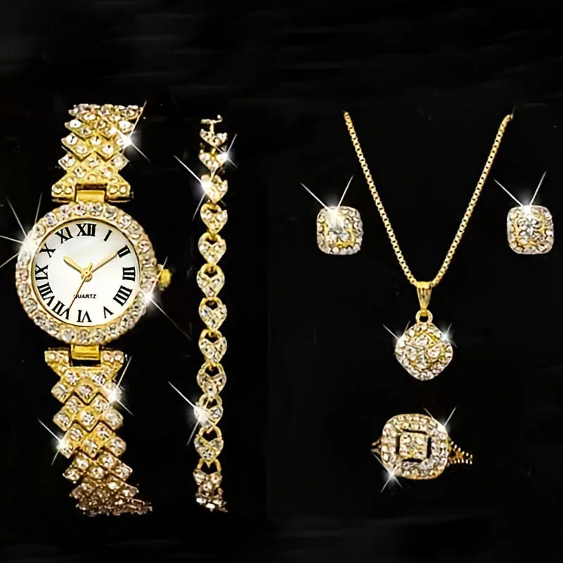 5-Piece Crystal Luxury Watch & Jewelry Set for Women without presentation box - LoveInTheBox