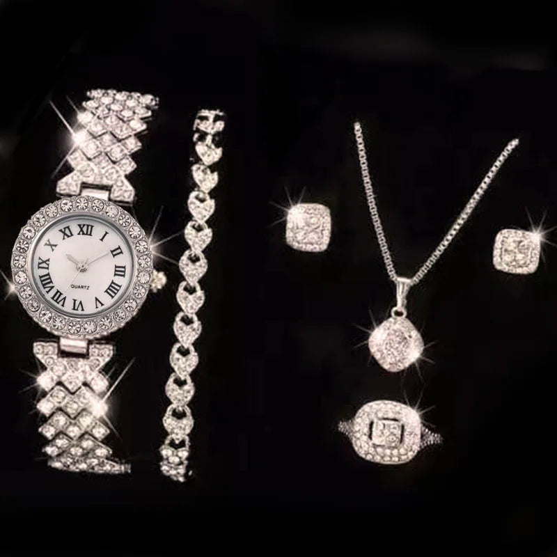 5-Piece Crystal Luxury Watch & Jewelry Set for Women without presentation box - LoveInTheBox