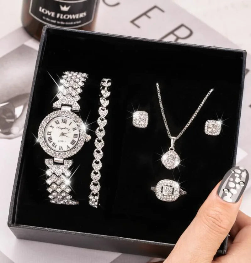 5-Piece Crystal Luxury Watch & Jewelry Set for Women without presentation box - LoveInTheBox