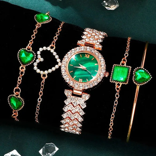 5-Piece Luxury Quartz Watch & Jewelry Set "Lady Emerald" - LoveInTheBox