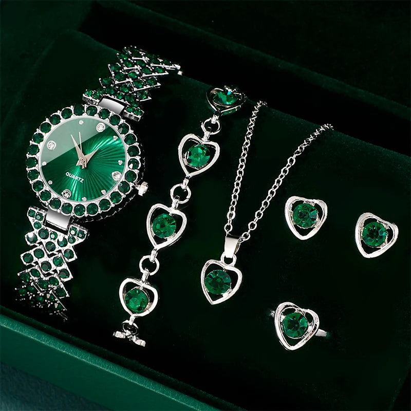 Emerald Sparkle Collection – 6-Piece Watch & Jewelry Set - LoveInTheBox