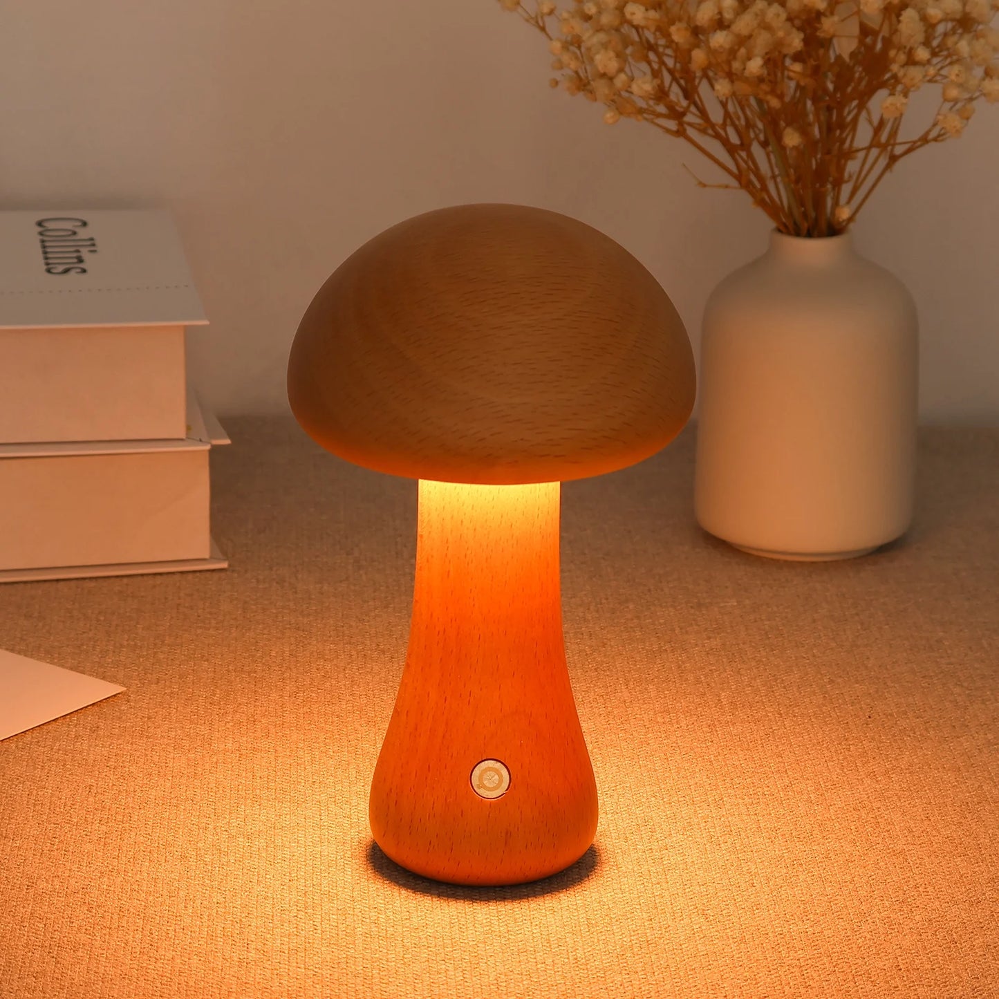 Wooden Mushroom Lamp: Dimmable Touch Light with Natural Elegance