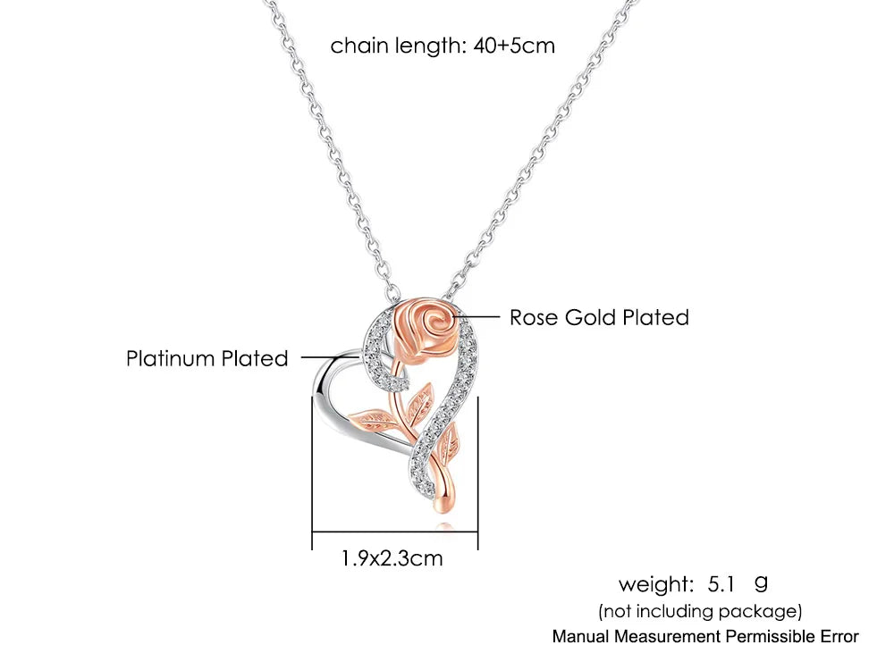 Eternal Rose Heart Pendant Necklace – Sterling Silver with Zircon Accents (Italian Design)