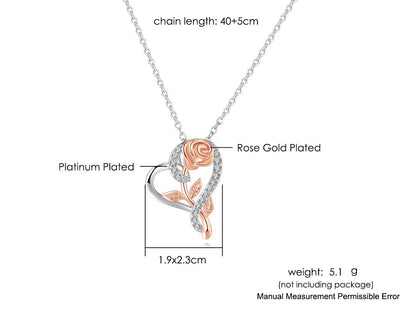 Eternal Rose Heart Pendant Necklace – Sterling Silver with Zircon Accents (Italian Design)