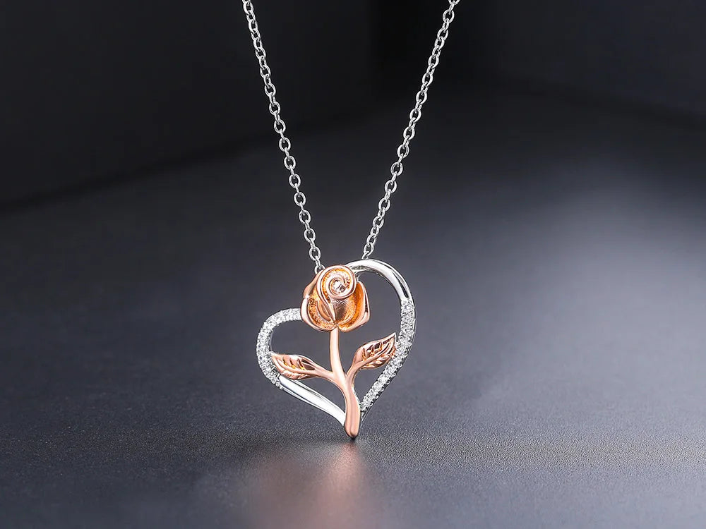 Eternal Rose Heart Pendant Necklace – Sterling Silver with Zircon Accents (Italian Design)