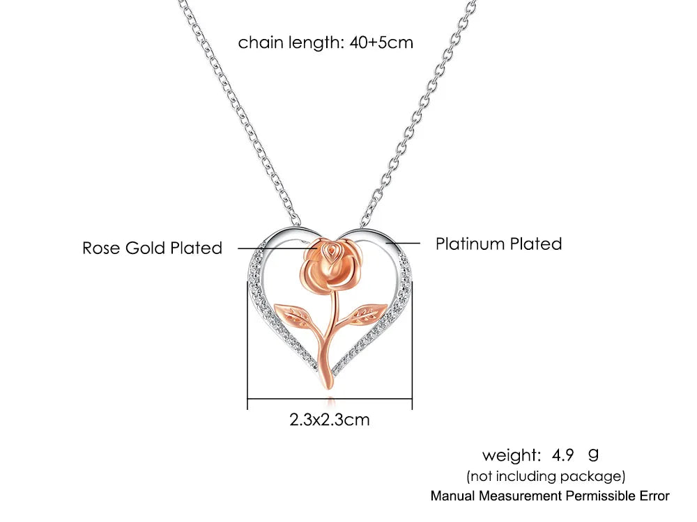 Eternal Rose Heart Pendant Necklace – Sterling Silver with Zircon Accents (Italian Design)