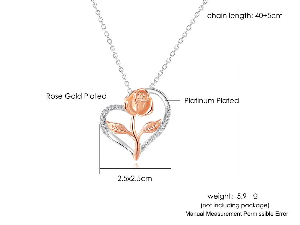 Eternal Rose Heart Pendant Necklace – Sterling Silver with Zircon Accents (Italian Design)