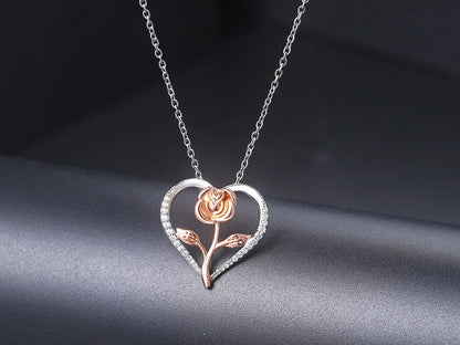 Eternal Rose Heart Pendant Necklace – Sterling Silver with Zircon Accents (Italian Design)