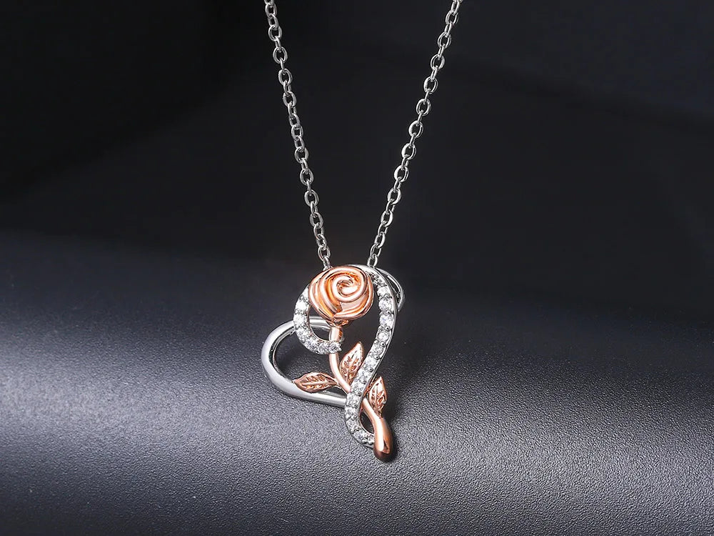 Eternal Rose Heart Pendant Necklace – Sterling Silver with Zircon Accents (Italian Design)