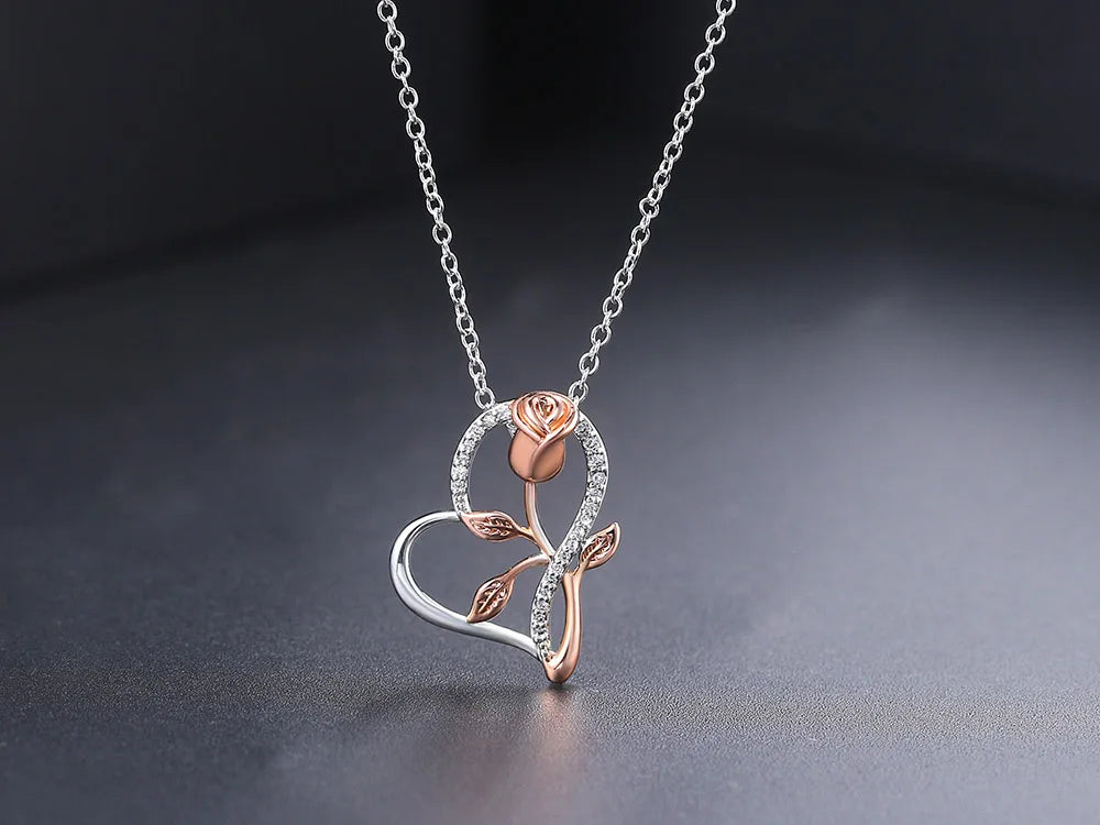 Eternal Rose Heart Pendant Necklace – Sterling Silver with Zircon Accents (Italian Design)