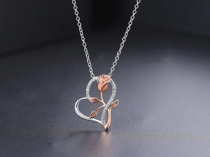 Eternal Rose Heart Pendant Necklace – Sterling Silver with Zircon Accents (Italian Design)