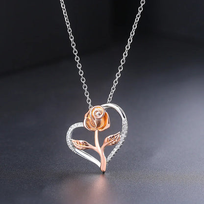 Eternal Rose Heart Pendant Necklace – Sterling Silver with Zircon Accents (Italian Design)