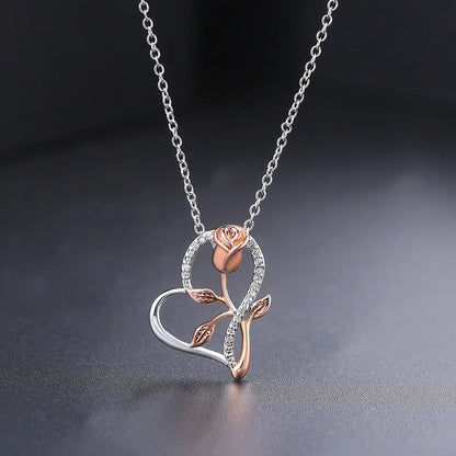 Eternal Rose Heart Pendant Necklace – Sterling Silver with Zircon Accents (Italian Design)