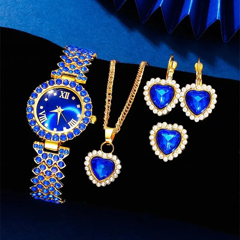 Royal Blue Heart Jewelry Set / Quartz Watch – Luxury Rhinestone Design - LoveInTheBox