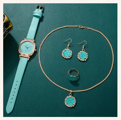 Turquoise Sparkle Collection: 5-Piece Jewelry & Watch Set with Crystal Accents