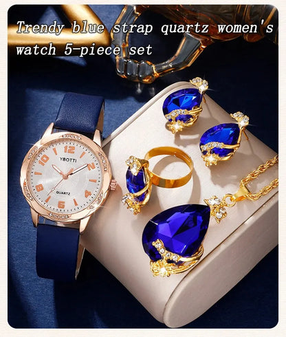 Midnight Sapphire Collection: Blue Leather Watch & Crystal Jewelry Set