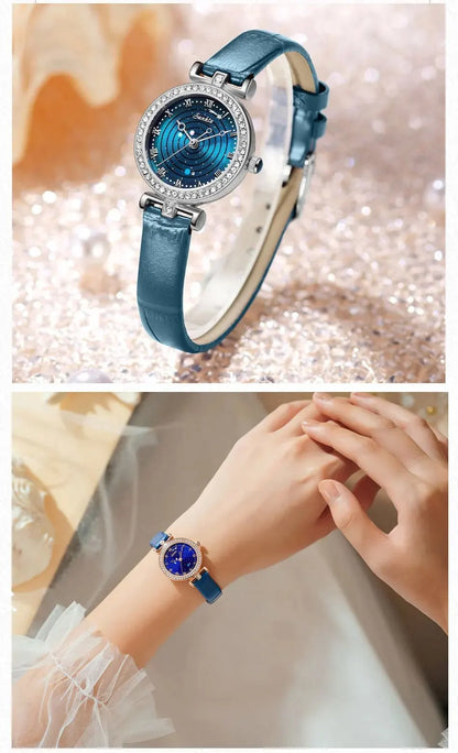 Sunkta Starry Sky Watch: Elegant Blue Crystal-Accented Women's Watch