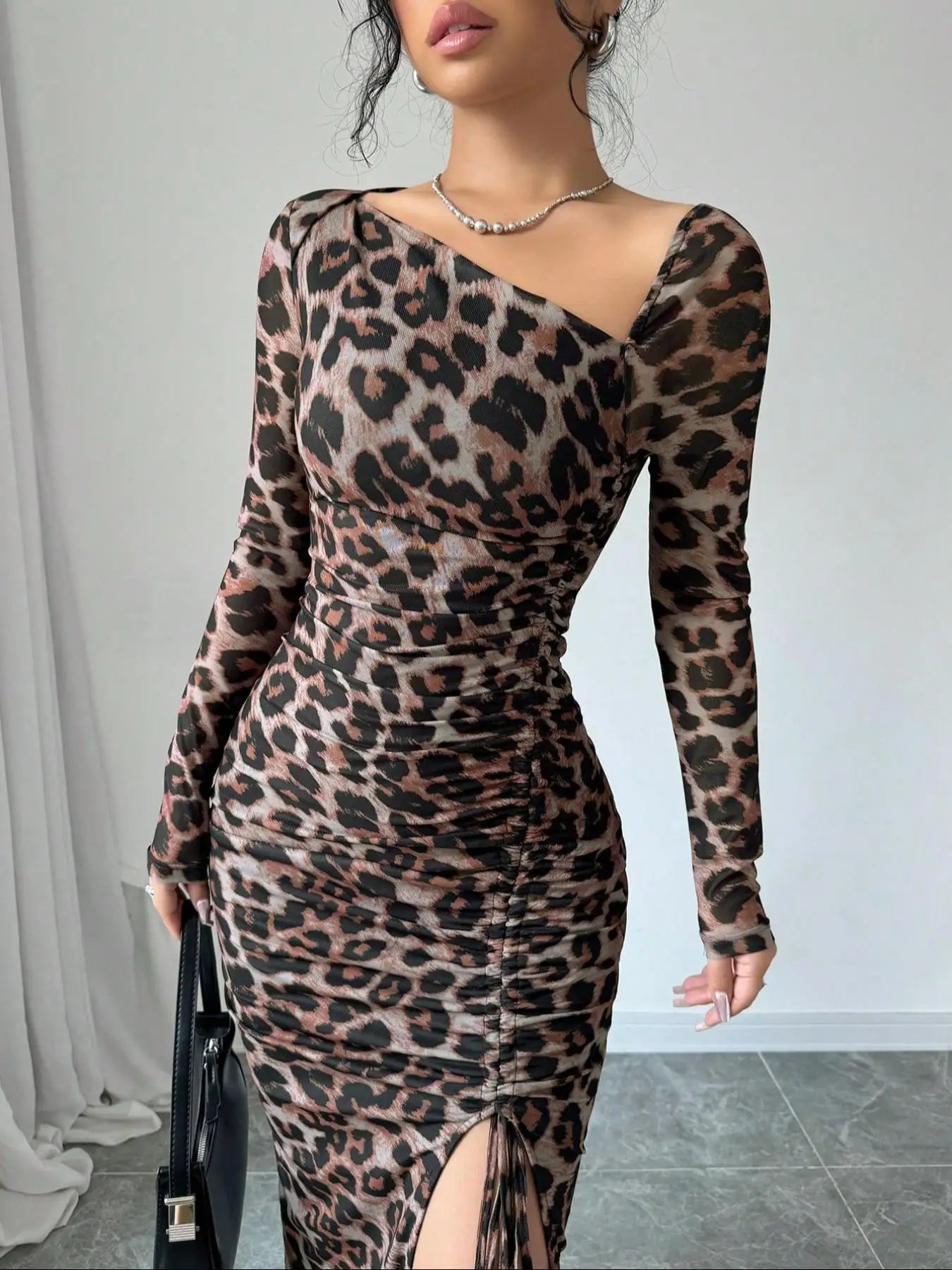 Leopard Print Ruffled Bodycon Party Dress