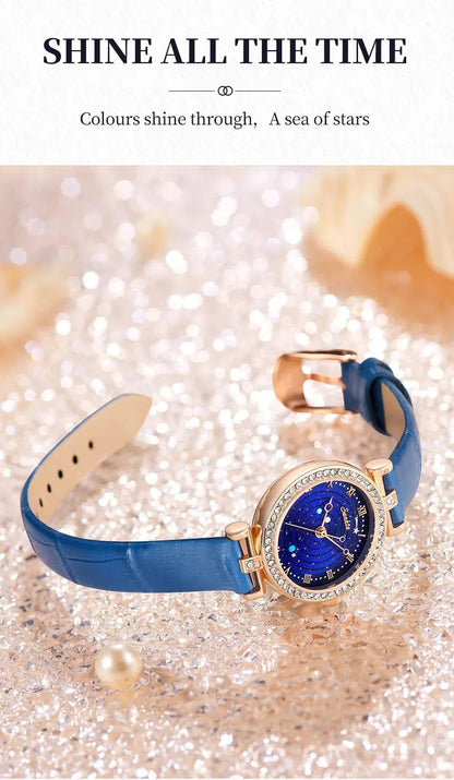 Sunkta Starry Sky Watch: Elegant Blue Crystal-Accented Women's Watch