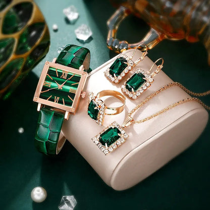 Emerald Luxe Collection: Fine Jewelry Set with Square-Cut Quartz Watch & Gemstone Accents