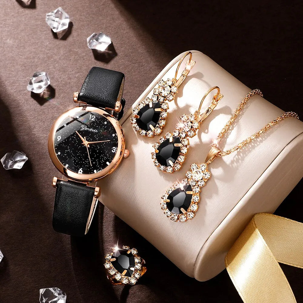 Black Gemstone Elegance: Luxury Watch & Jewelry Set