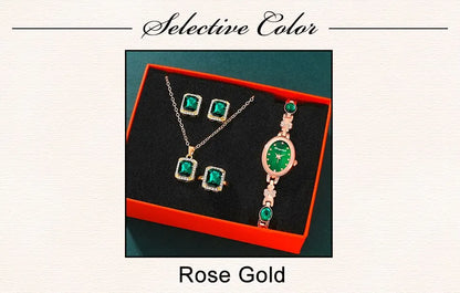 Emerald Radiance Collection 2025: Elegant 5-Piece Jewelry & Watch Set in Luxe Green