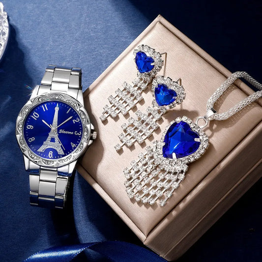 Parisian Dream Collection: Eiffel Tower Watch & Blue Heart Jewelry Set