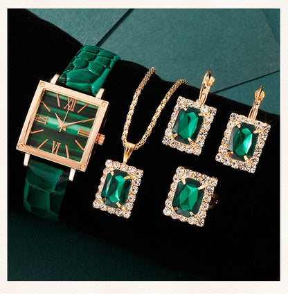 Emerald Luxe Collection: Fine Jewelry Set with Square-Cut Quartz Watch & Gemstone Accents