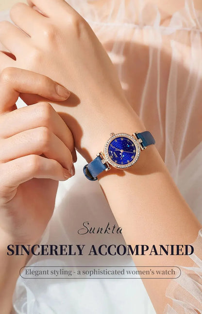 Sunkta Starry Sky Watch: Elegant Blue Crystal-Accented Women's Watch