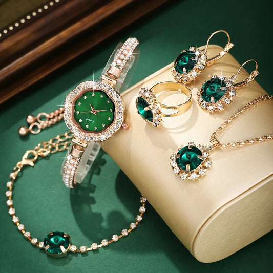 Emerald Elegance 6-Piece Jewelry & Watch Set