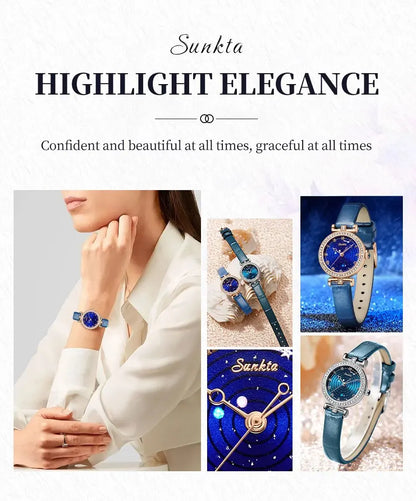 Sunkta Starry Sky Watch: Elegant Blue Crystal-Accented Women's Watch