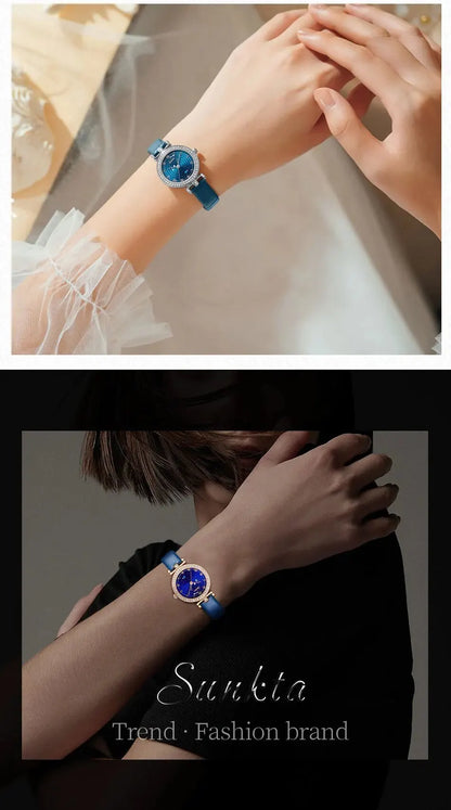 Sunkta Starry Sky Watch: Elegant Blue Crystal-Accented Women's Watch