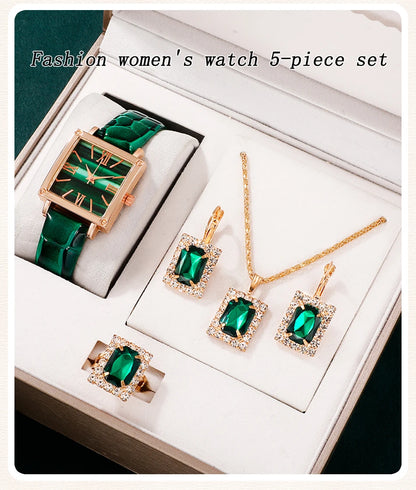 Emerald Luxe Collection: Fine Jewelry Set with Square-Cut Quartz Watch & Gemstone Accents