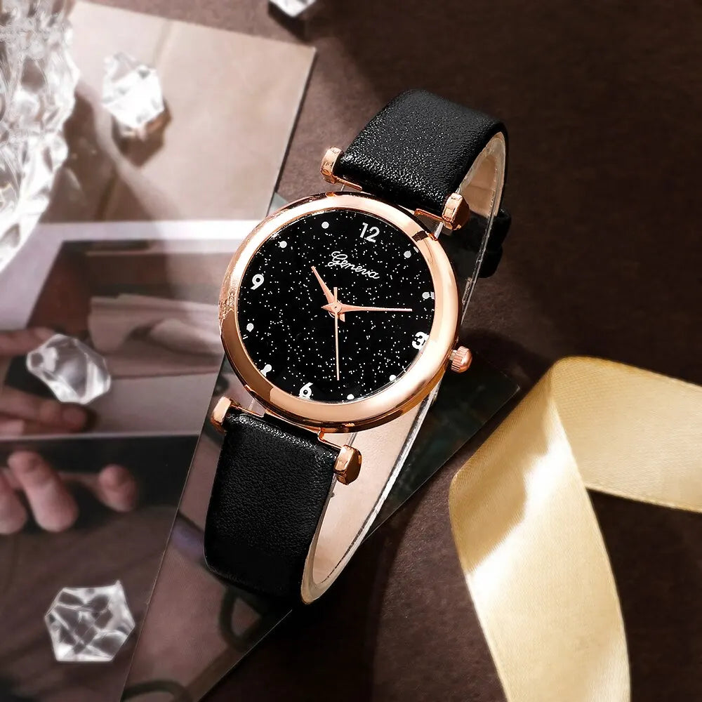 Black Gemstone Elegance: Luxury Watch & Jewelry Set