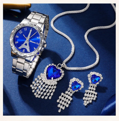 Parisian Dream Collection: Eiffel Tower Watch & Blue Heart Jewelry Set