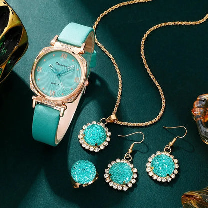 Turquoise Sparkle Collection: 5-Piece Jewelry & Watch Set with Crystal Accents