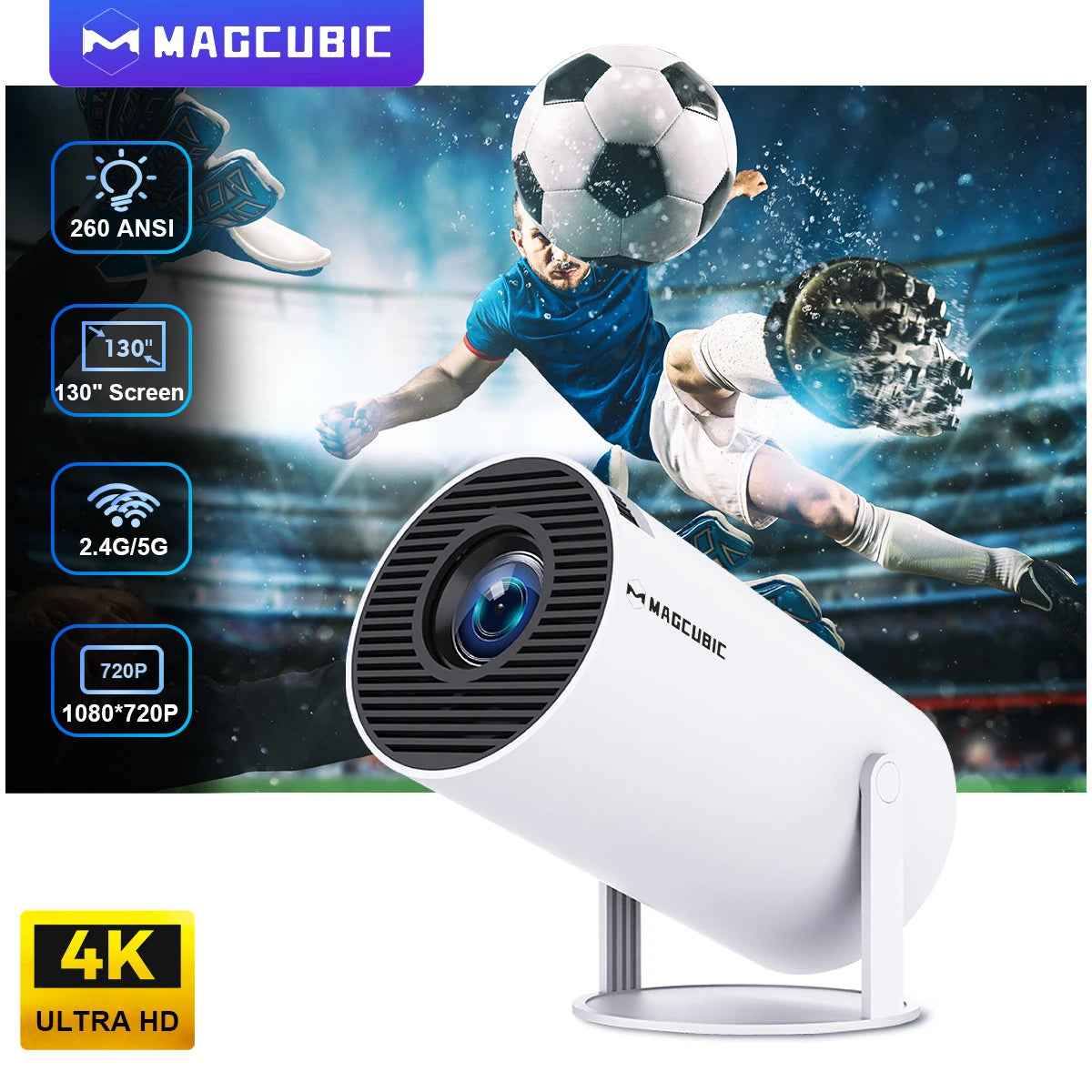 4K Ultra HD Smart Projector with Android 11, Dual WiFi & 180° Flex Design