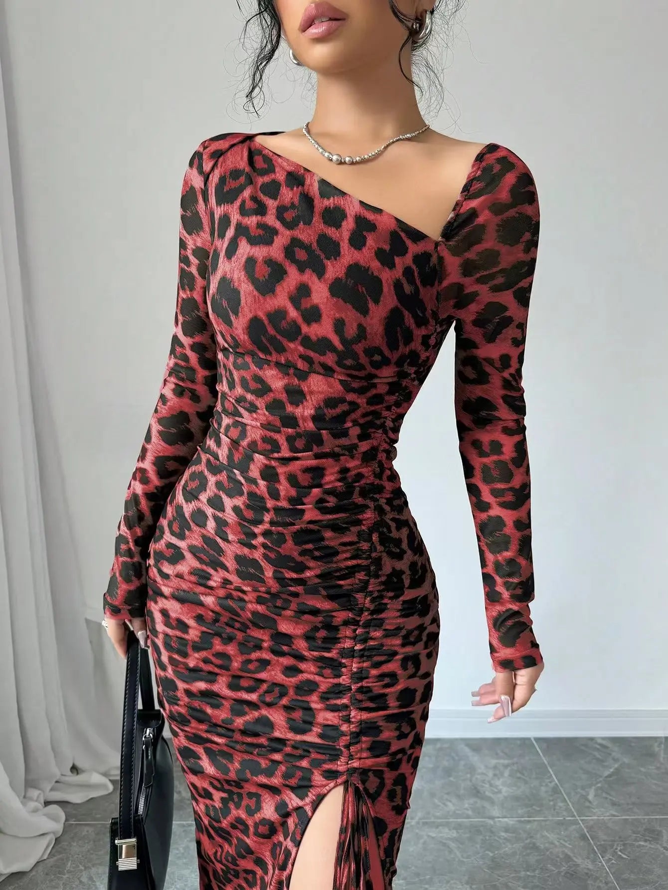 Leopard Print Ruffled Bodycon Party Dress