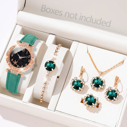 Ladies Green Watch 6PCS/Set Starfish Element Starry Sky Dial Quartz Wristwatch Frosted Strap Watch Jewelry Set Gift For Mom