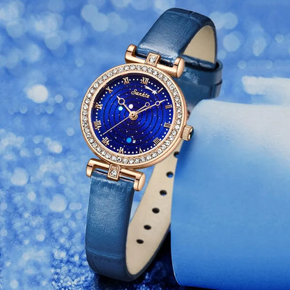 Sunkta Starry Sky Watch: Elegant Blue Crystal-Accented Women's Watch