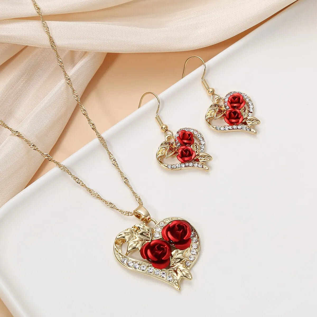 Rose Heart Jewelry Set: Necklace & Earrings with Red Roses and Crystals