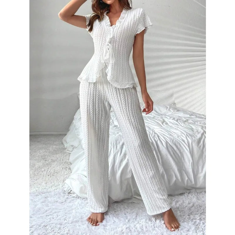 Elegant Lace-Knit Pajama Set – Soft Jacquard Sleepwear